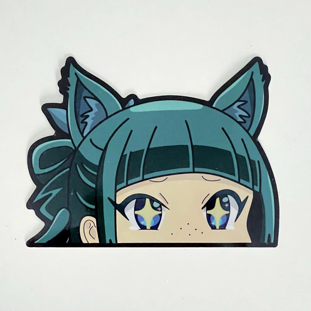 Anime-style character with teal hair and cat ears on a white background
