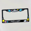 Black license plate frame with Cinnamoroll design with white text "Let's roll"