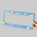 Blue license plate frame with Cinnamoroll design with white text "Let's roll"