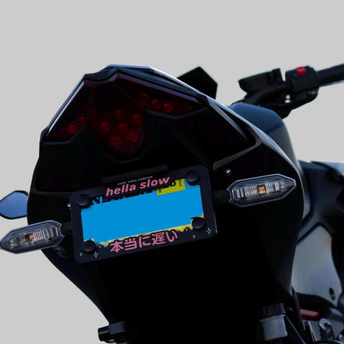 Hella slow text on motorcycle license plate frame