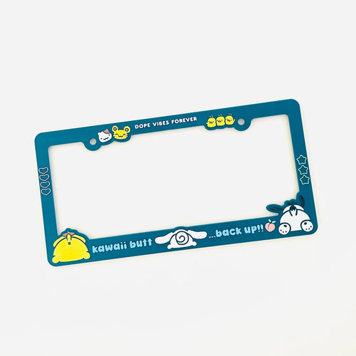 Teal license plate frame with Cinnamoroll, PomPomPurin, and Pochacco designs. Text reads "Kawaii butt, back up!!"